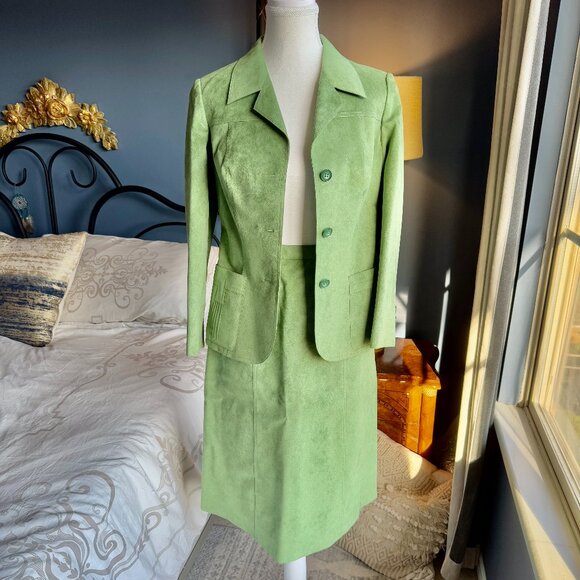 Vintage Custom Made Lime Green Suede Skirt Suit Set - Picture 2 of 16